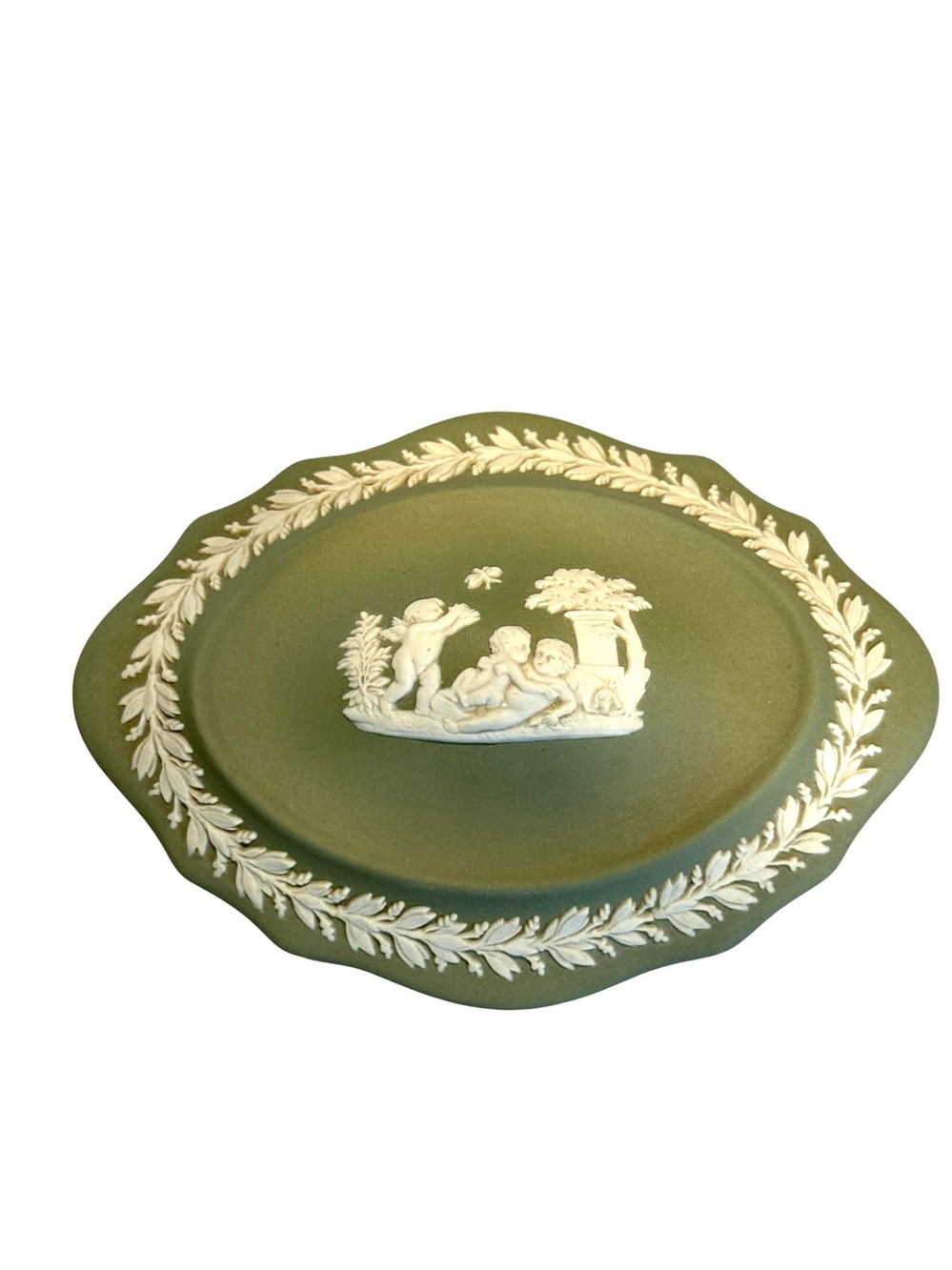 Wedgwood Celadon Green  Jasperware trinket dish w/white bas relief